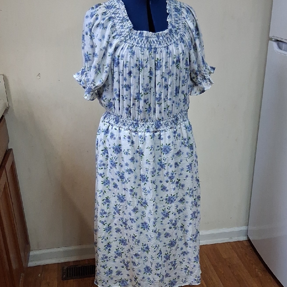 Smocked Floral Blue and White Dress